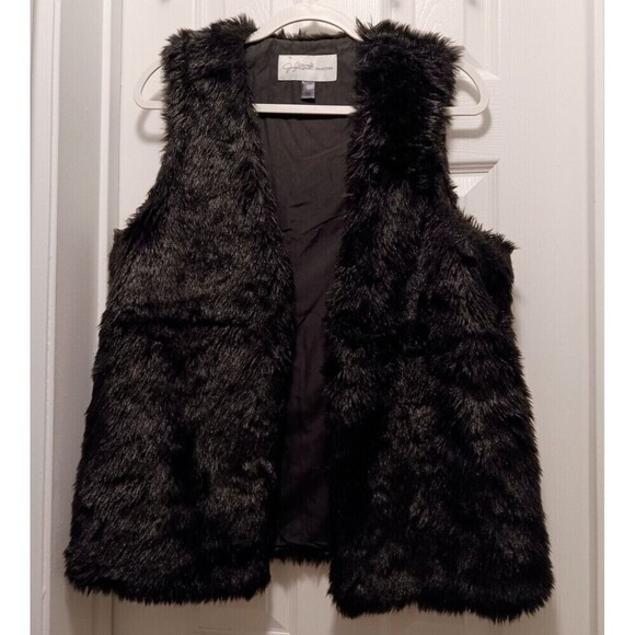 Jaclyn Smith Vest Faux Fur Suede Trim Sleeveless Open Front Black Size L - Picture 1 of 5